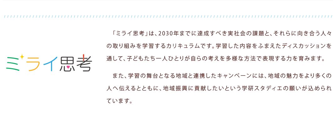 ミライ思考 「ミライ思考」は、2030年までに達成すべき実社会の課題と、それらに向き合う人々の取り組みを学習するカリキュラムです。学習した内容をふまえたディスカッションを通して、子どもたち一人ひとりが自らの考えを多様な方法で表現する力を育みます。また、学習の舞台となる地域と連携したキャンペーンには、地域の魅力をより多くの人へ伝えるとともに、地域振興に貢献したいという学研スタディエの願いが込められています。