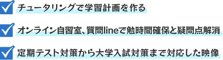 チュータリングで学習計画を作る・オンライン自習室、質問LINEで勉時間確保と疑問点解消・定期テスト対策から大学入試対策まで対応した映像