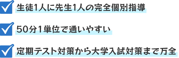 生徒1人に先生1人の完全個別指導・50分１単位で通いやすい・定期テスト対策から大学入試対策まで万全