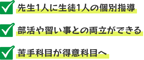 先生1人に生徒1人の個別指導・部活や習い事との両立ができる・苦手科目が得意科目へ