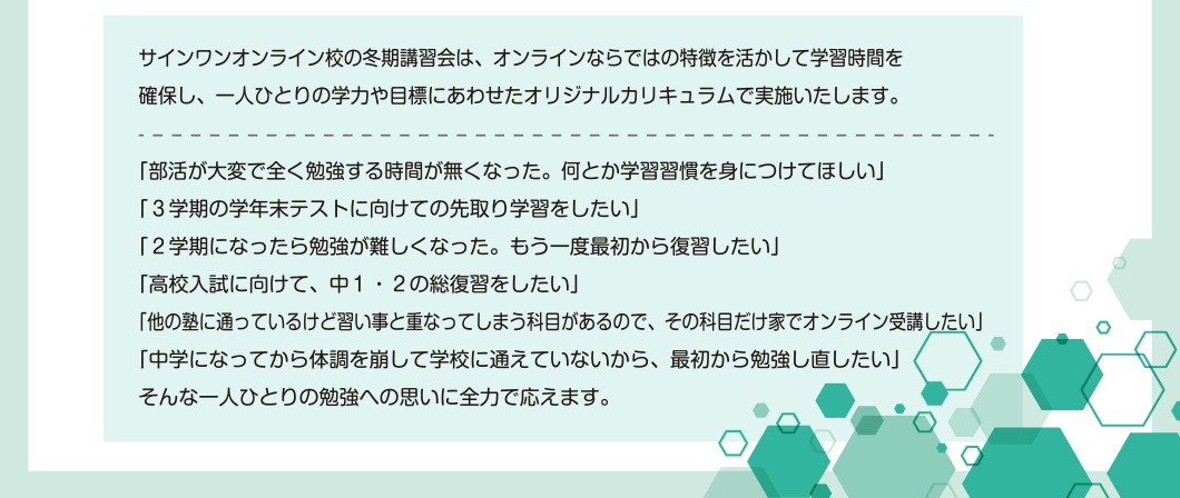 サインワンオンライン校の夏期講習会は、オンラインならではの特徴を活かして学習時間を確保し、一人ひとりの学力や目標にあわせたオリジナルカリキュラムで実施いたします。一人ひとりの勉強への思いに全力で応えます。