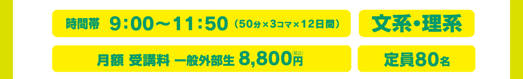 時間帯9:00~11:50(50分×3コマ×12日間)、月額受講料 一般外部生 8,800円、定員80名